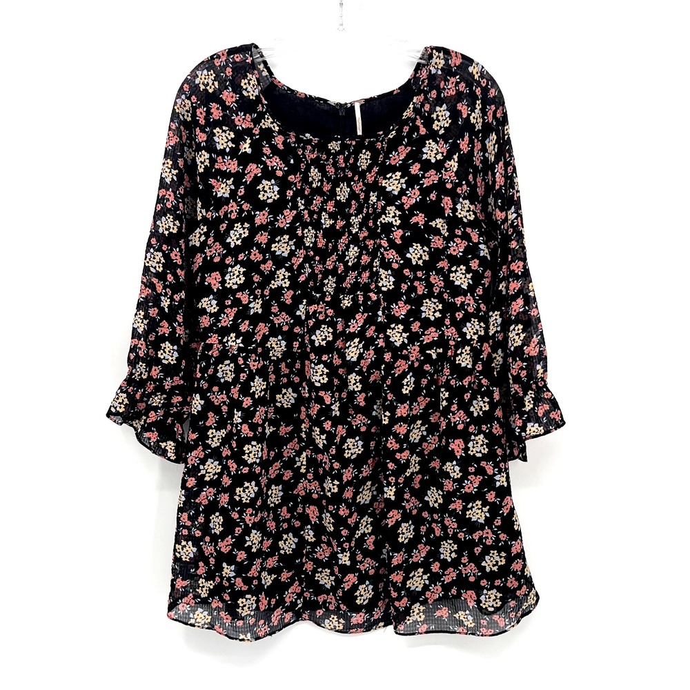 FREE PEOPLE Women's Sz 6 Black Floral Print Smocked Long-Sleeve Tunic Mini Dress
